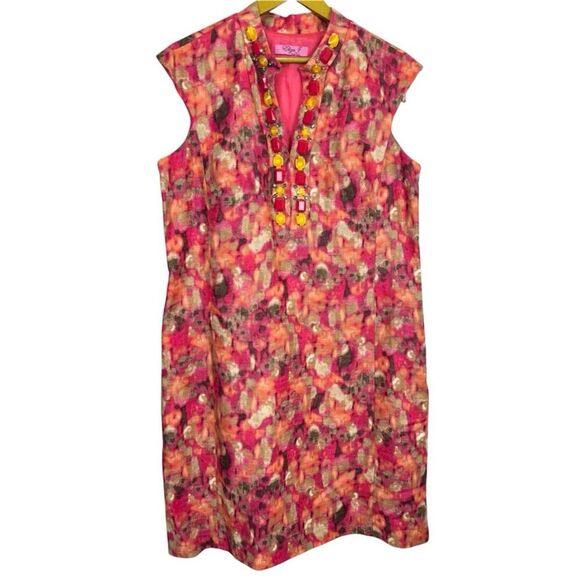 Eliza J Dress Linen Blend Sheath Midi Dress Size 12 Jeweled Embellished Neck - Picture 1 of 8